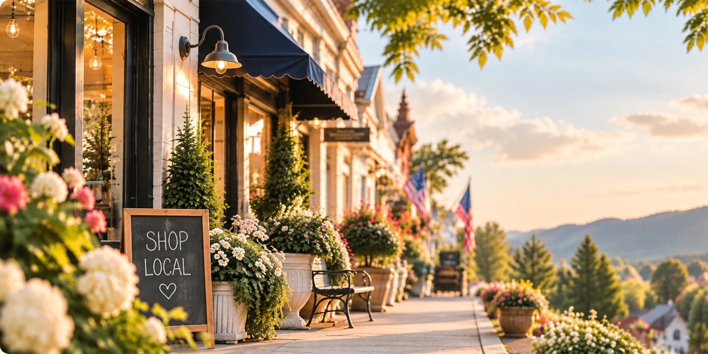A flower-lined Main Street with storefronts and a Shop Local sign